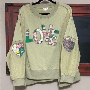POL Sage Green LOVE Appliqué Pullover with Heart Elbow Patches